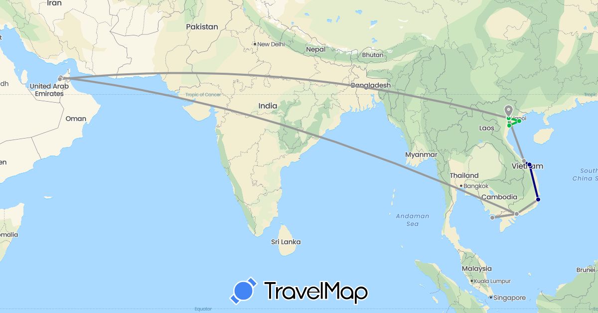 TravelMap itinerary: driving, bus, plane in United Arab Emirates, Vietnam (Asia)